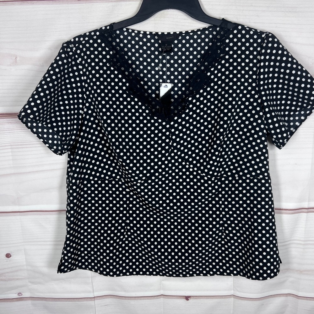 W.D.N.Y. Top Women 1X Black Polka Dot V-Neck Lace Trim Short Sleeve Blouse Woven